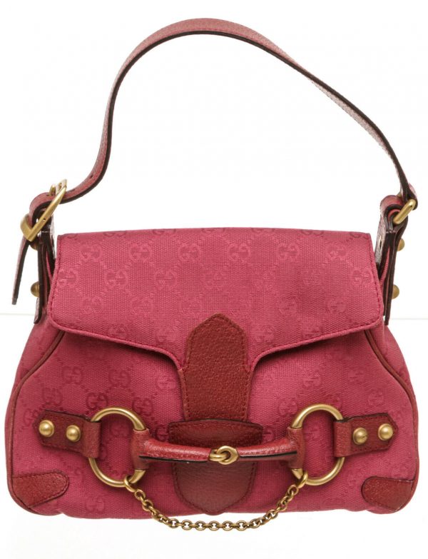 Gucci Fuchsia GG Canvas Leather Horsebit Chain Shoulder Bag