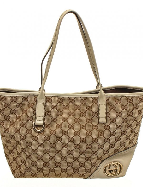 Gucci Brown Cream GG Canvas Leather "New Britt" Tote Bag