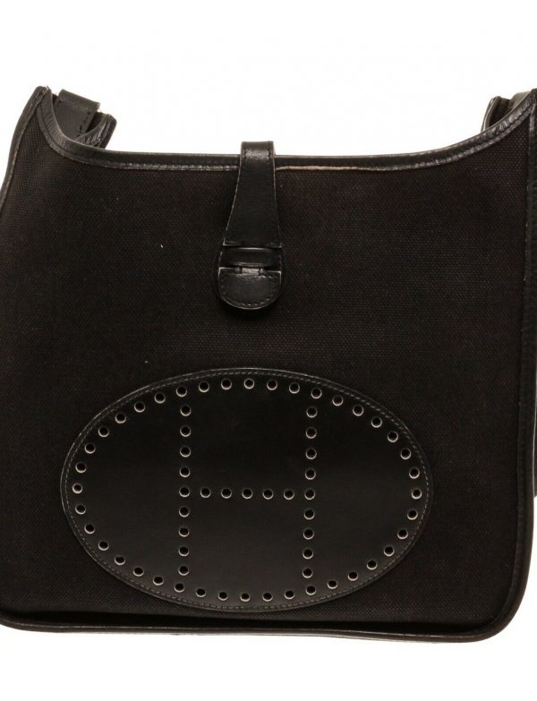 Hermes Black Canvas Leather Evelyne I PM Bag